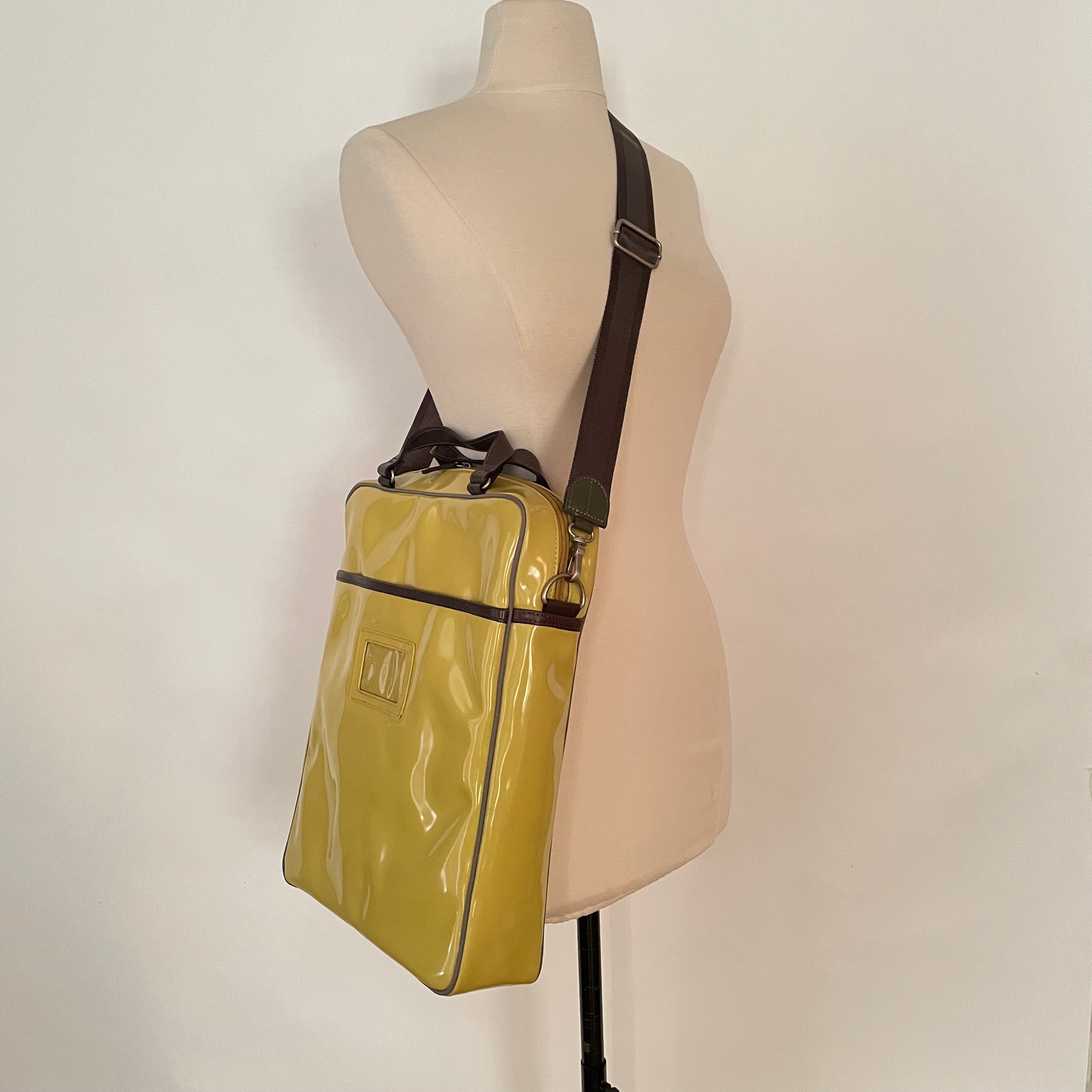 Premium Collection | Tall Vegan Enamel Leather Shoulder Bag with Detachable Shoulder Straps & Genuine Leather Handles & Juggling Robot Print | Yellow